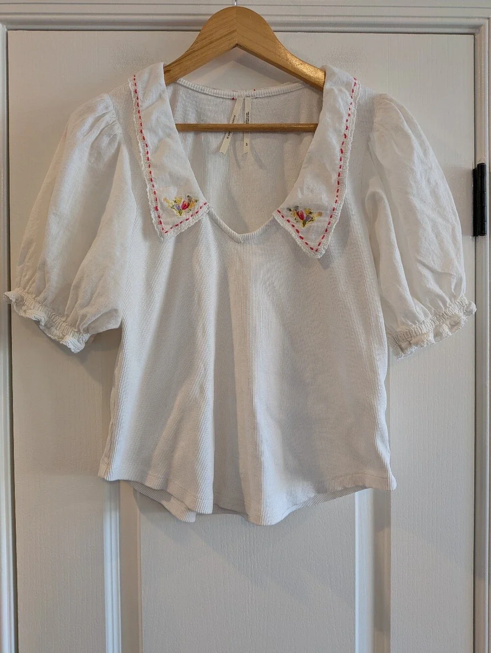 Anthropologie Short Puff Sleeve Collared Floral Embroidered Top White Size XLP